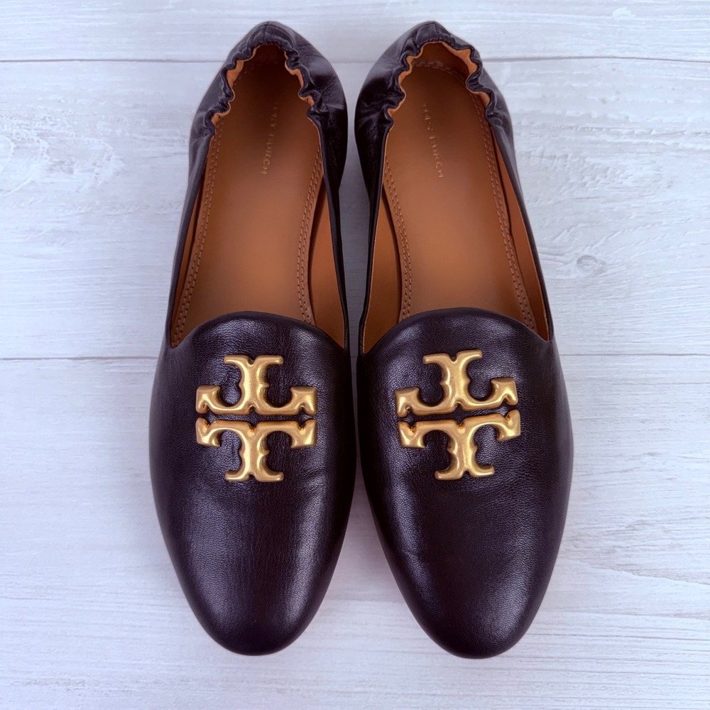 Tory Burch Eleanor Loafers Flats Size 11‎ Black Leather Gold Logo Classic Chic